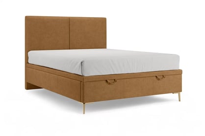 Čalouněná boxspring postel Lektis 160x200 s úložným prostorem - medově hnědá látka Maya 06 / zlaté kovové nohy