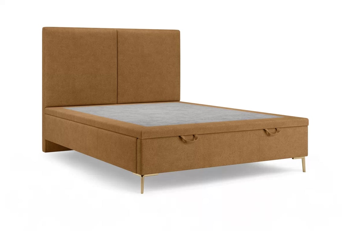 Čalouněná boxspring postel Lektis 160x200 s úložným prostorem - medově hnědá látka Maya 06 / zlaté kovové nohy  Postel boxspring Lektis 160x200 s úložným prostorem- medová hnědá potahová látka snadno čistitelný Maya 06 / Nohy kovové zlaté