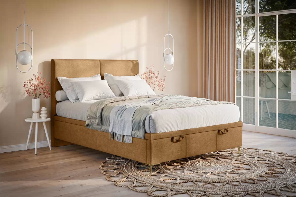 Čalouněná boxspring postel Lektis 160x200 s úložným prostorem - medově hnědá látka Maya 06 / zlaté kovové nohy  Postel boxspring Lektis 160x200 s úložným prostorem- medová hnědá potahová látka snadno čistitelný Maya 06 / Nohy kovové zlaté