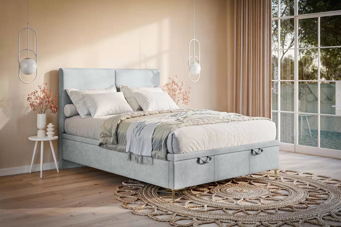 Čalouněná boxspring postel Lektis 160x200 s úložným prostorem - popelavá látka Maya 20 / zlaté kovové nohy  Postel boxspring Lektis 160x200 s úložným prostorem- popielata potahová látka snadno čistitelný Maya 20 / Nohy kovové zlaté