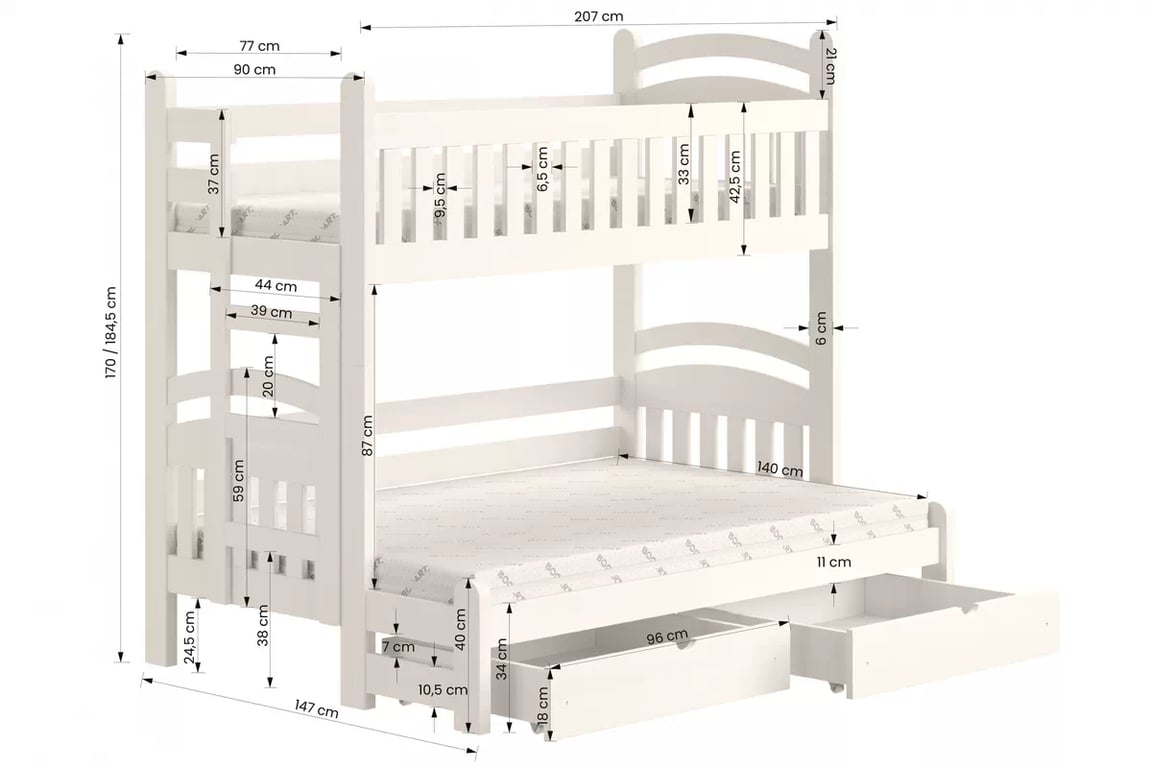  Detská poschodová posteľ Amely Maxi ľavá 80x200/140x200 cm - borovica Posteľ poschodová Amely Maxi ľavá strana - Rozmery