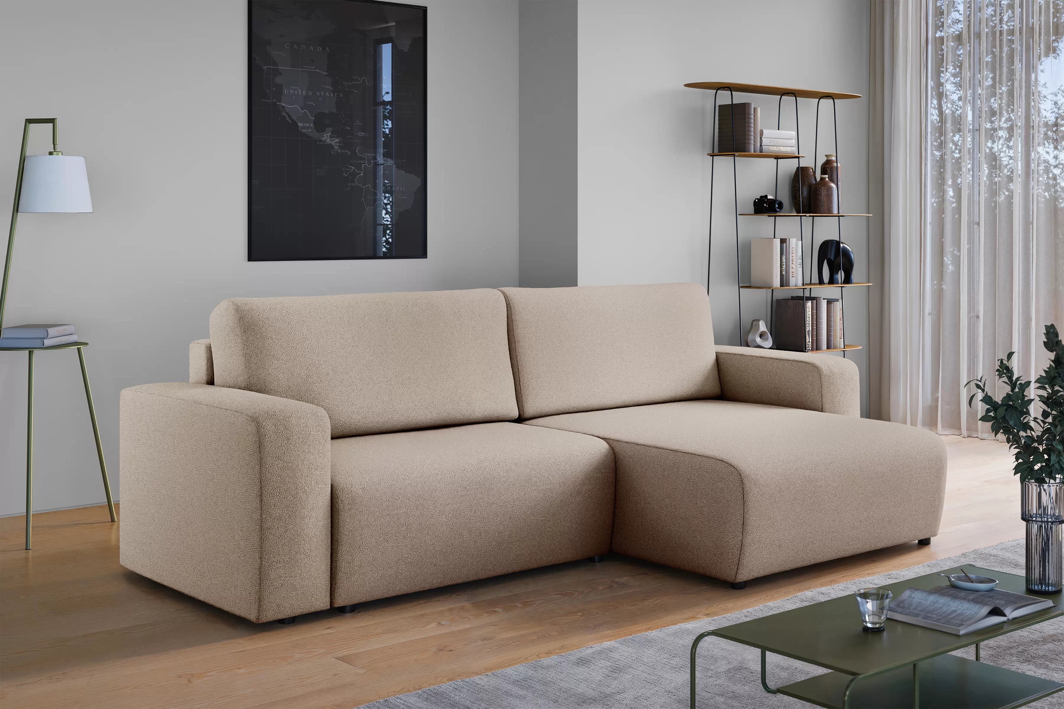 Rozkládací rohová sedací souprava Avia L - béžová Gerra 105  Rohová sedací souprava Avia Maxi rozkládací uniwersalny prawo/levá - béžová boucle Gerra 105