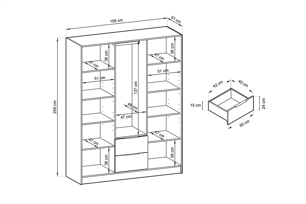 Skriňa s lamelami Neria - grafit / dub artisan Trojdverová skriňa s lamelami Neria - grafit / dub artisan - rozmery