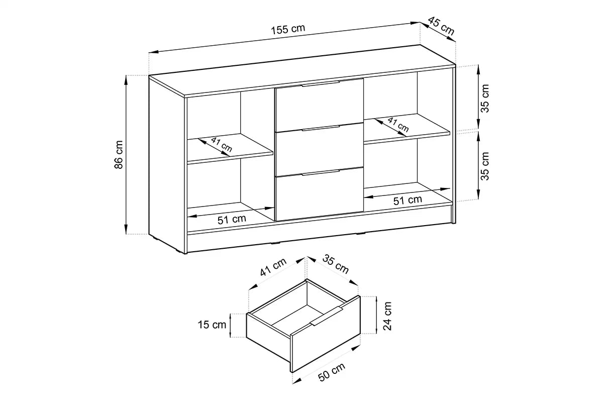 Komoda s tromi zásuvkami Neria - sivá / dub artisan Dvojdverová komoda s tromi zásuvkami Neria - sivá / dub artisan - rozmery