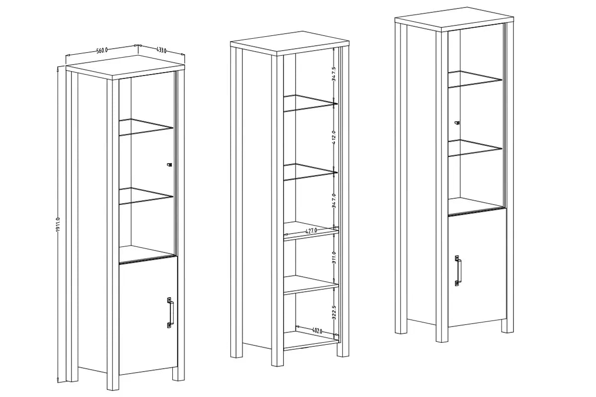 Vitrína Olin 05 50 cm - Dub karmel / Čierny supermat - ponuka Limitowana Vitrína dvojdverová Olin 56 2D - Dub karmel / Čierny supermat - Rozmery