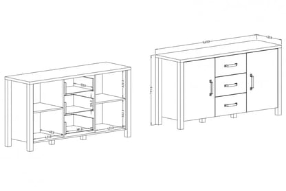 Komoda Olin 26 se zásuvkami 150 cm - dub karmelowy / černá supermat Komoda Olin 147 2D3SZ - Dub karmelowy / Černý supermat - Rozměry