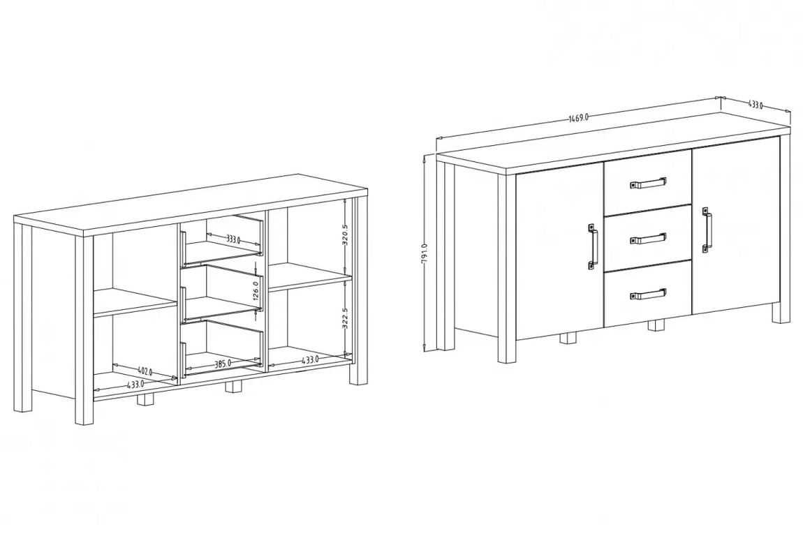 Komoda Olin 26 se zásuvkami 150 cm - dub karmelowy / černá supermat Komoda Olin 147 2D3SZ - Dub karmelowy / Černý supermat - Rozměry