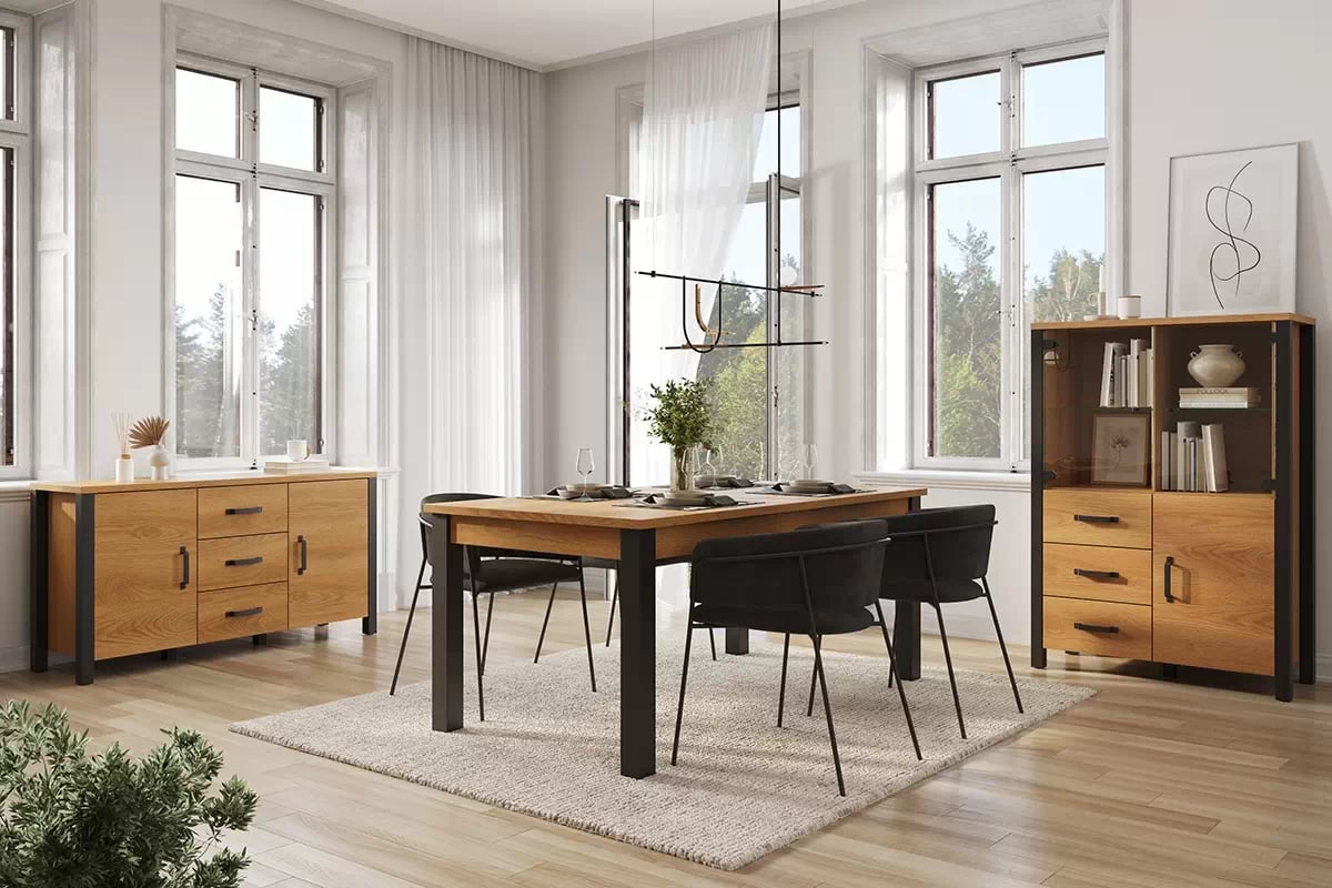 Komoda Olin 26 150 cm so zásuvkami - Dub karmelowy / Čierny supermat - ponuka Limitowana Komoda Olin 147 2D3SZ - Dub karmelowy / Čierny supermat - vizualizácia