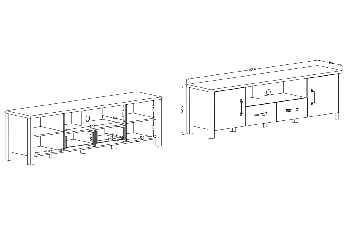 TV skrinka Olin 40 192 cm so zásuvkami - Dub karmel / Čierny supermat - ponuka Limitowana TV skrinka Carmelin 192 2D2SZ - Dub karmel / Čierny supermat - Rozmery