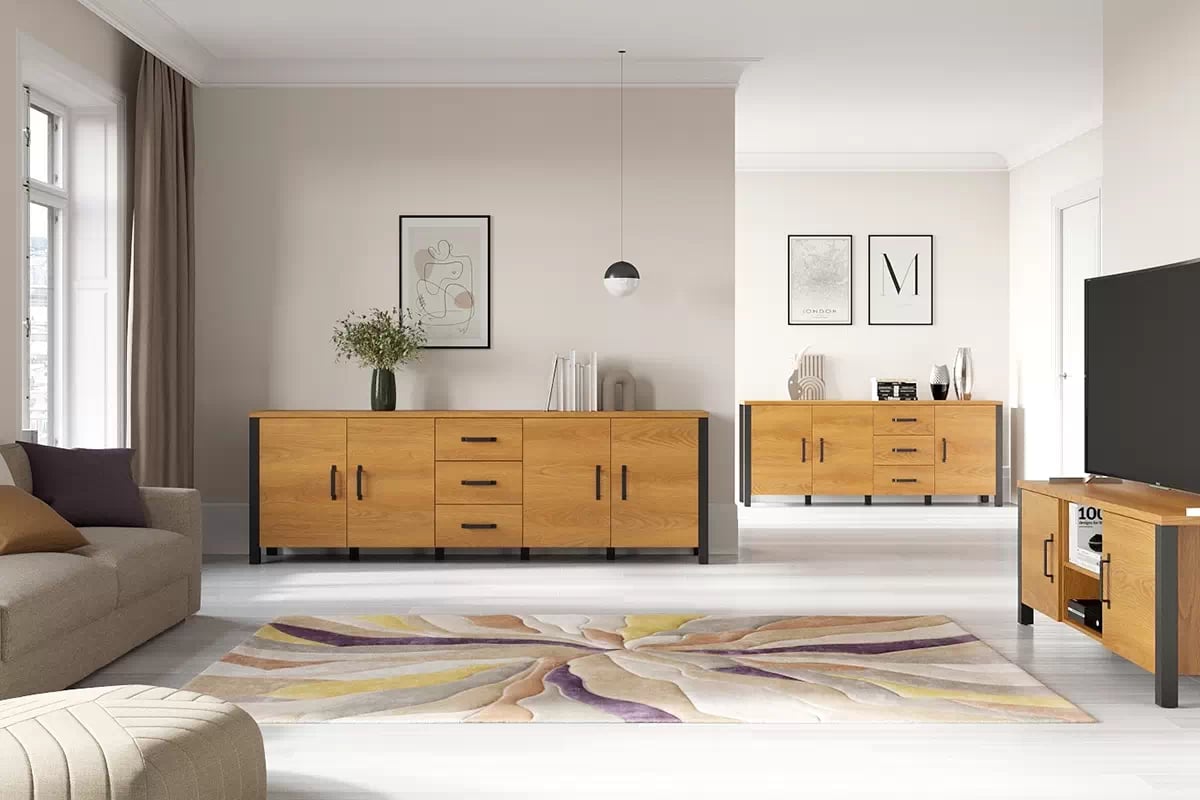 TV skrinka Olin 41 147 cm z wnekami - Dub karmel / Čierny supermat - ponuka Limitowana Nábytok . z czarnymi nozkami