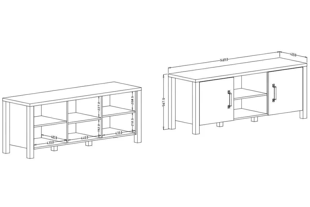 TV skrinka Olin 41 147 cm z wnekami - Dub karmel / Čierny supermat - ponuka Limitowana TV skrinka Olin 147 2D - Dub karmel / Čierny supermat  - Rozmery
