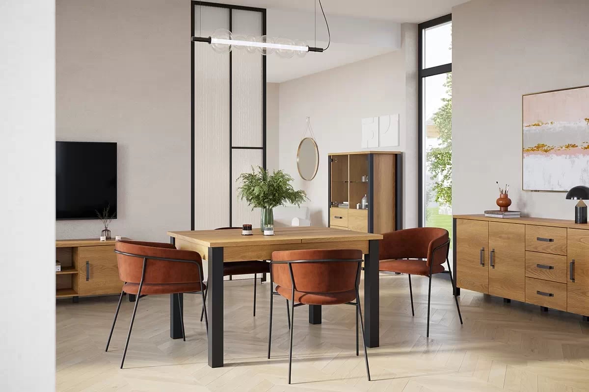 TV skrinka Olin 41 147 cm z wnekami - Dub karmel / Čierny supermat - ponuka Limitowana TV skrinka Olin 147 2D - Dub karmel / Čierny supermat  - Jedáleň Carmelin