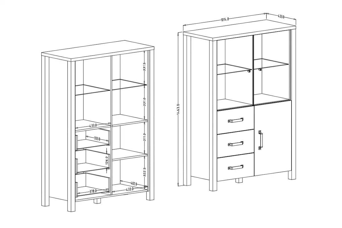 Vitrína Olin 44 101 cm so zásuvkami - Dub karmel / Čierny supermat - ponuka Limitowana Vitrína trojdverová so zásuvkami Olin 101 3D3SZ - Dub karmel / Čierny supermat - Rozmery