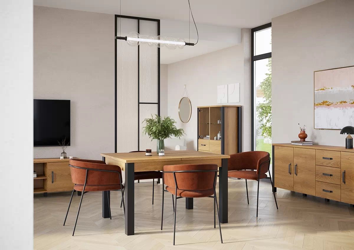 Vitrína Olin 44 101 cm so zásuvkami - Dub karmel / Čierny supermat - ponuka Limitowana Nábytok do jedálne