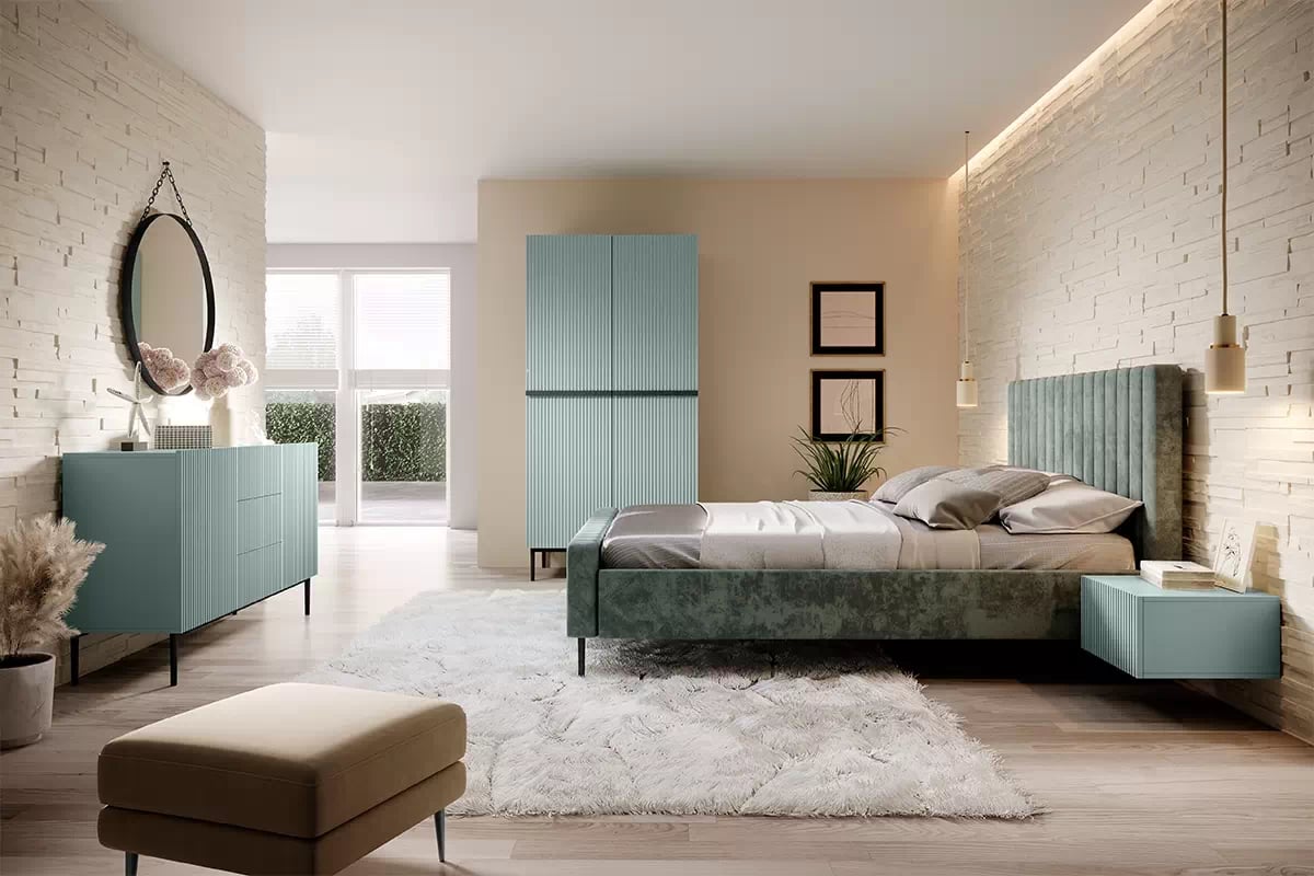 Šatníková skriňa Nicole 100 cm so zásuvkami - šalvia / čierne nožičky - Limitovaná ponuka Skriňa z ryflowaniem