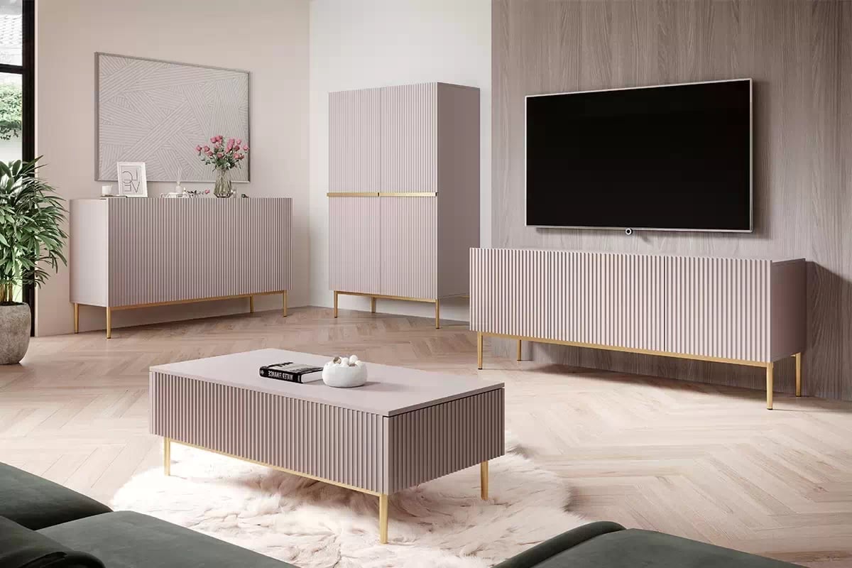 Vysoká komoda Nicole 100 cm – staroružová / zlatá Komoda na zlotych nogach .