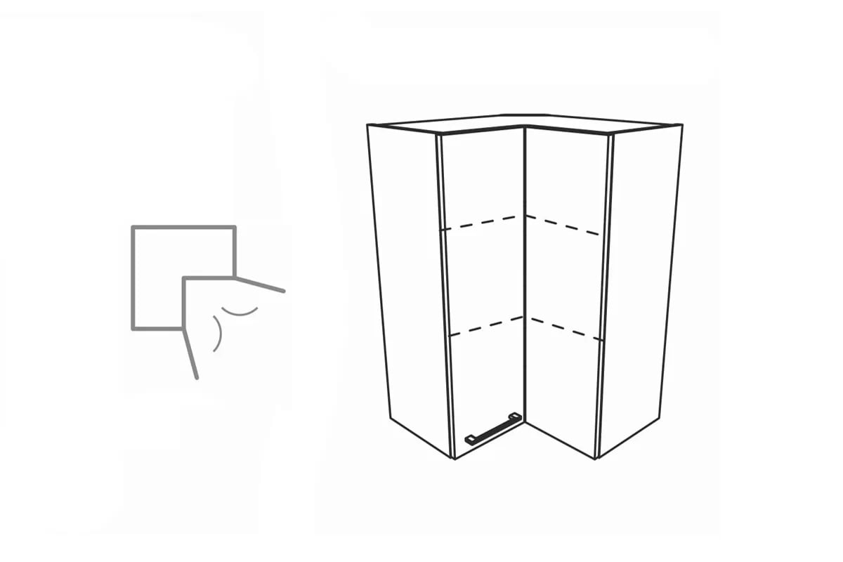 Závěsná rohová kuchyňská skříňka KAMMONO M4 WRP60/90 KAMMONO M4 WRP60/90 - Skříňka závěsná rohová - szkic i systém otwierania