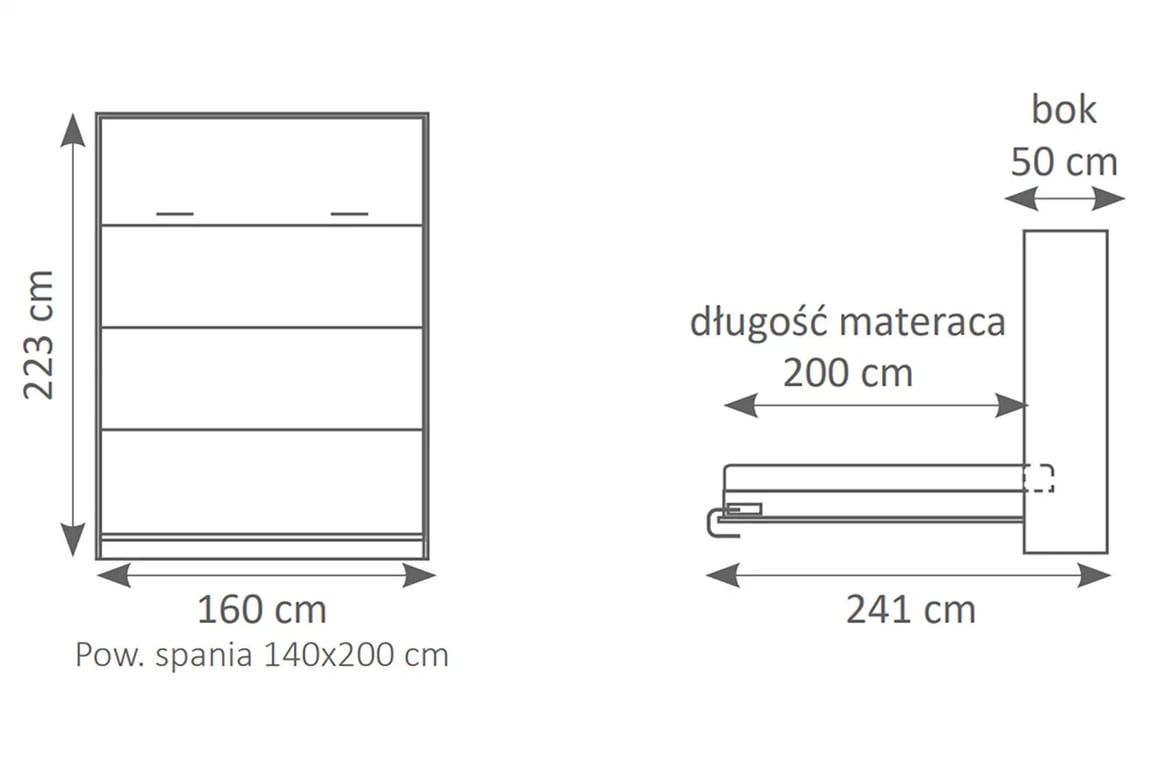 Polkotapczan vertikálny Genius 140x200 s písacím stolom - biely mat Sklápacia posteľ vertikálny s písacím stolom New Elegance 140x200 - biely mat - Rozmery