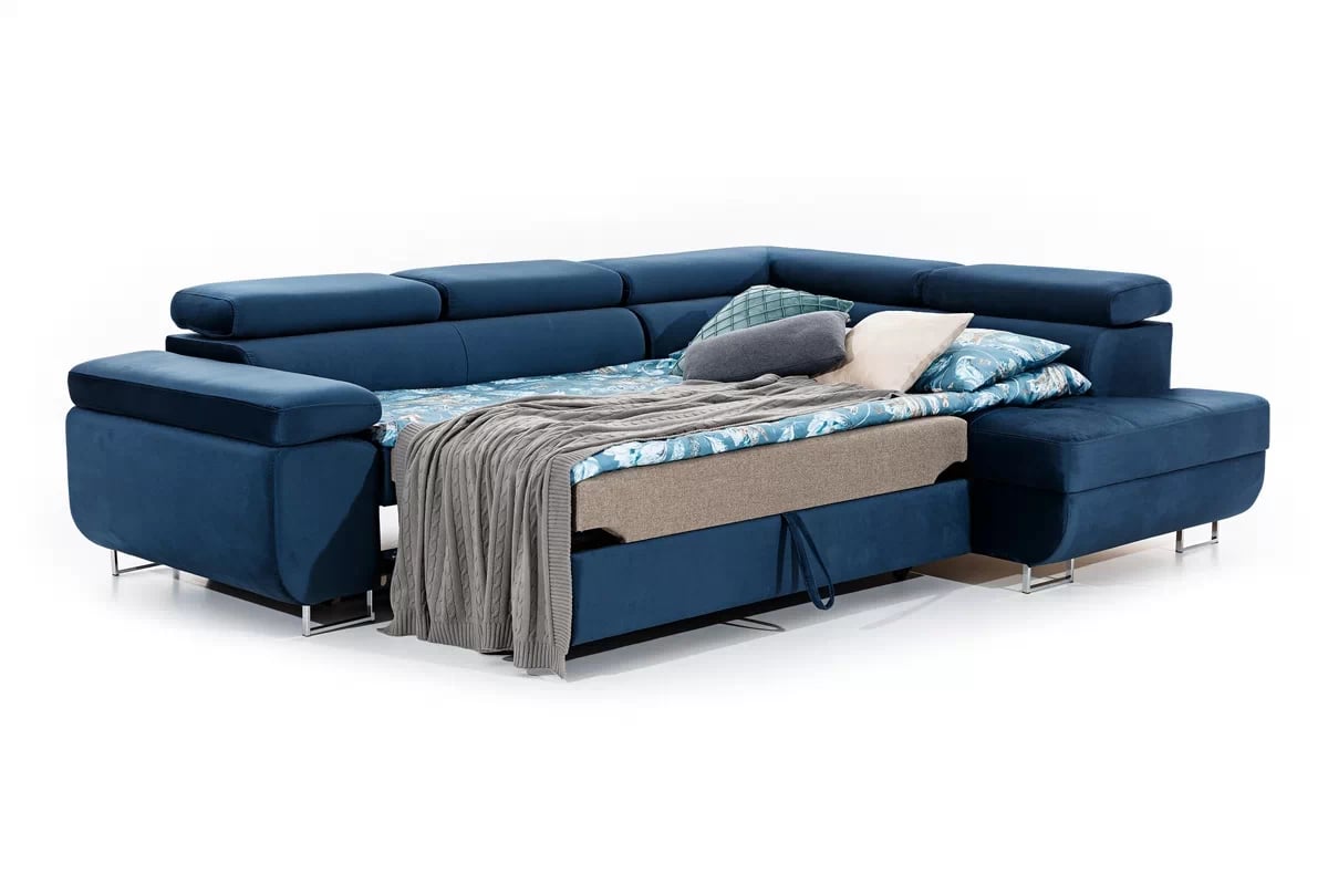 Rozkládací rohová sedací souprava Annabelle L pravá - tmavě modrá Monolith 77 / chromované nožky Rohová sedací souprava Annabelle rozkladanie