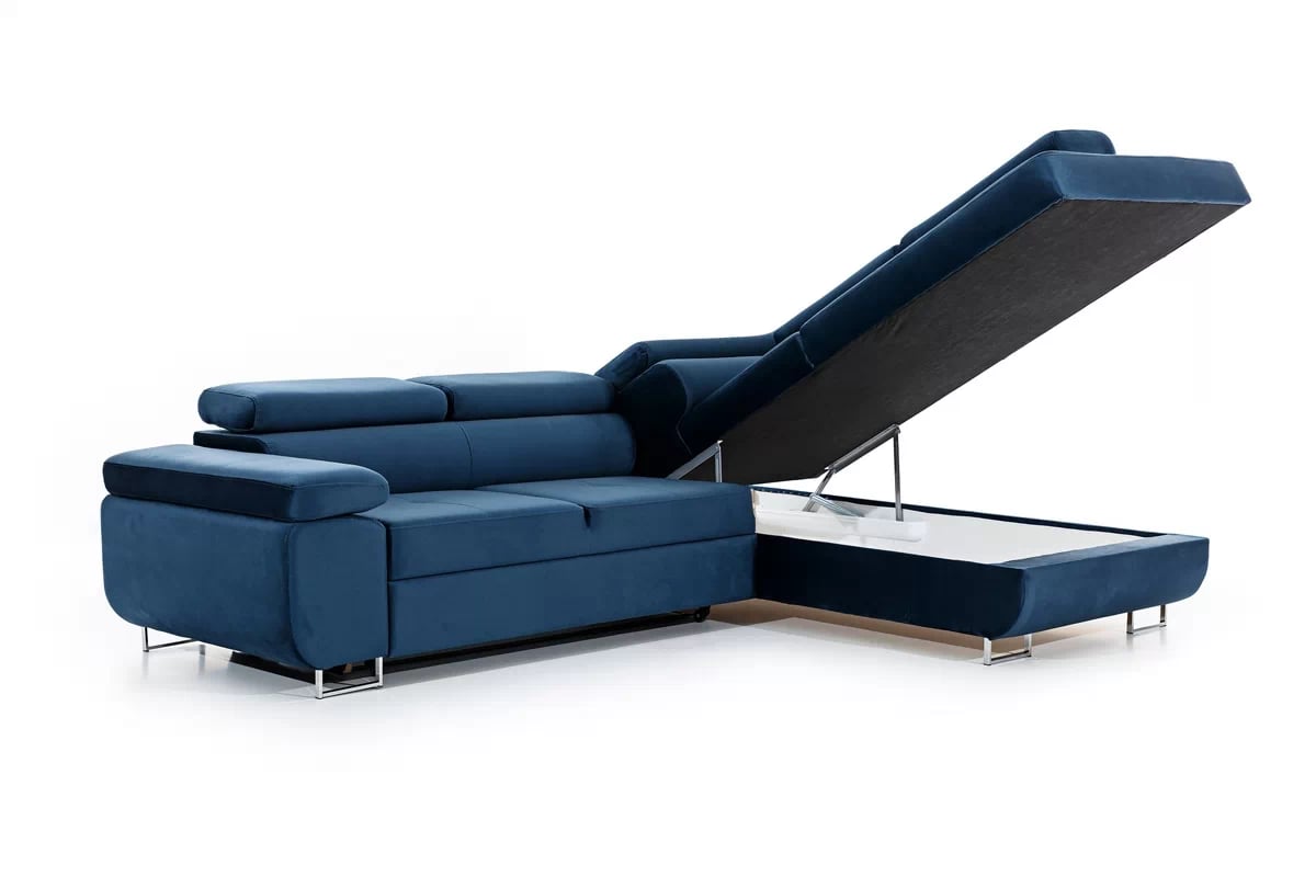 Rozkládací rohová sedací souprava Annabelle L pravá - tmavě modrá Monolith 77 / chromované nožky Rohová sedací souprava Annabelle Úložný prostor