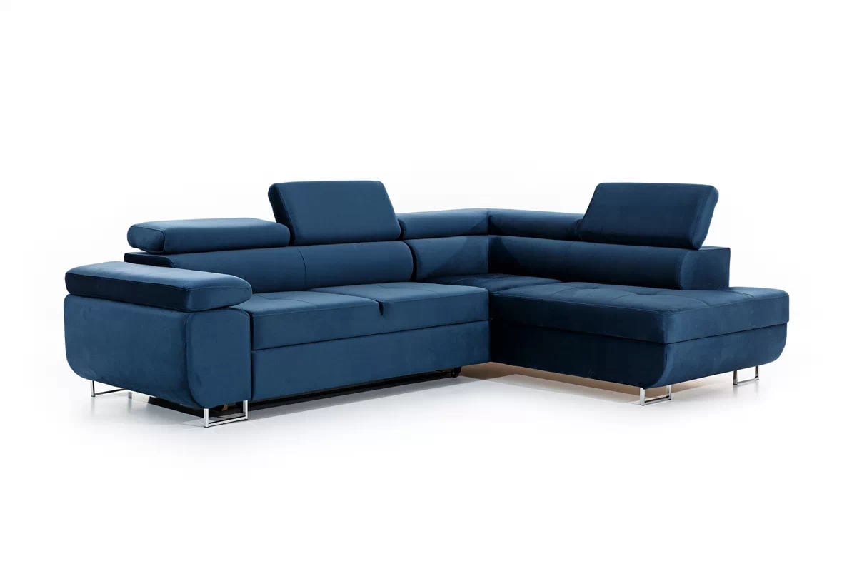 Rozkládací rohová sedací souprava Annabelle L pravá - tmavě modrá Monolith 77 / chromované nožky Rohová sedací souprava Annabelle