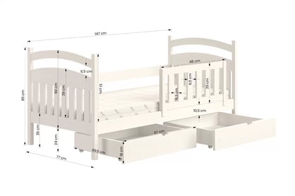 Detská posteľ Amely so zásuvkami - 70x140 cm - biela Posteľ detská drevená Amely - Rozmery 70x140