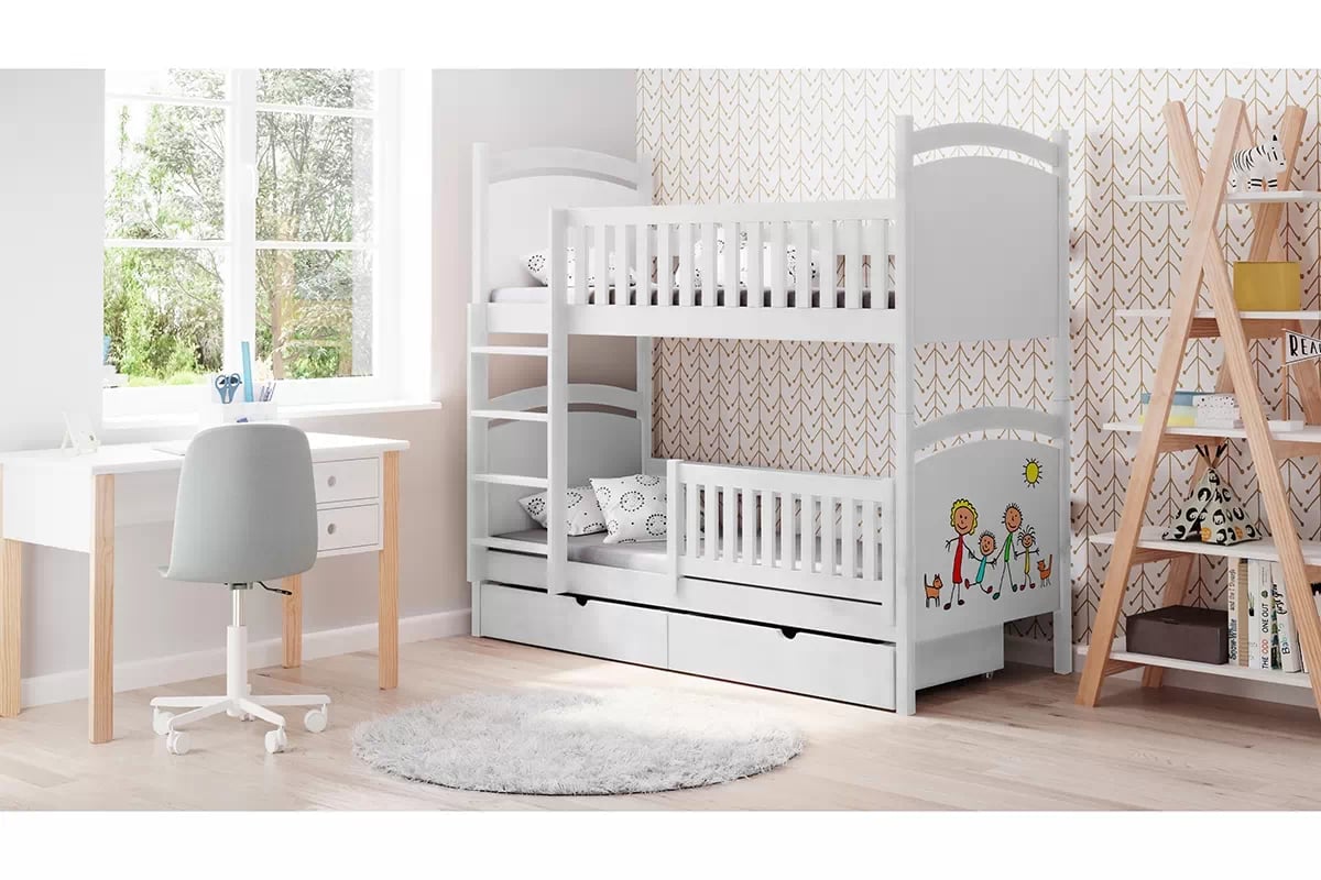 Patrová postel Amely s tabulí na fixy 90x200 cm - bílá dřevěnýpostel z bialymi zásuvkami na posciel