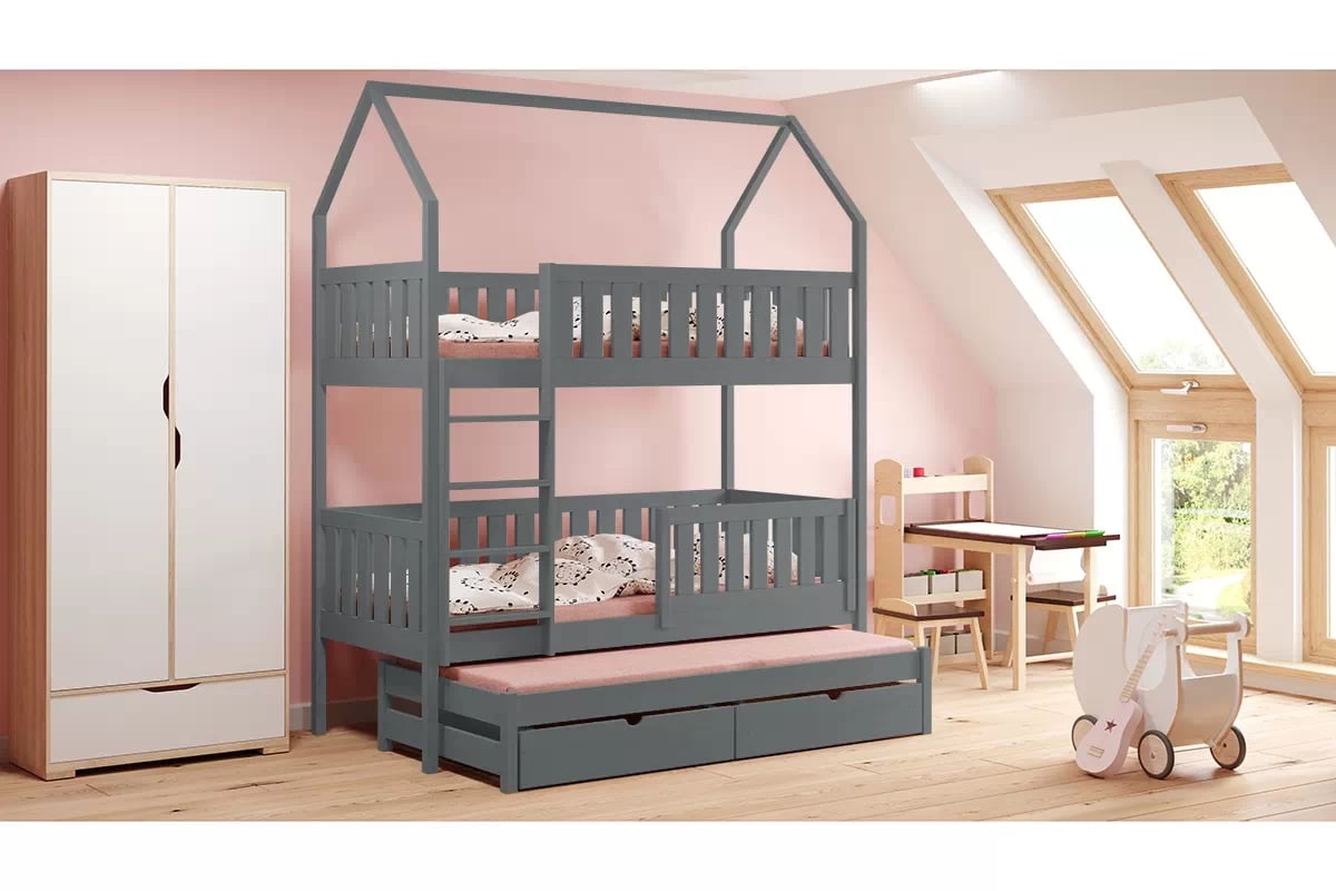 Poschodová domčeková posteľ Nemos s prístelkou - 90x200 cm - grafitová Detská posteľ poschodová s výsuvným lôžkom Nemos - Farba Grafit