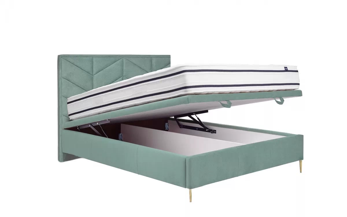 Manželská posteľ Lindi s roštom a úložným priestorom - 180x200 cm - zlaté nožičky posteľ do spálne z duzym pojemnikiem na posciel