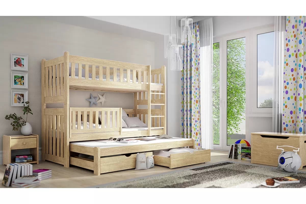 Poschodová posteľ s prístelkou Swen - borovica, 80x200 Posteľ poschodová výsuvna Swen - Farba Borovica