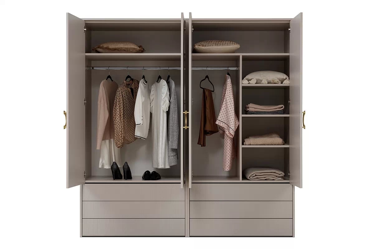 Šatníková skriňa Nubo 100 cm so zásuvkami - kašmírová / zlatá Skriňa s vešiakovou tyčou i policami