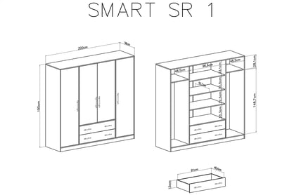 Šatní skříň Smart SRL1 se zrcadlem - dub artisan Skříň čtyřdveřová se dvěma zásuvkami a zrcadlem Smart SRL1 - artisan - Rozměry