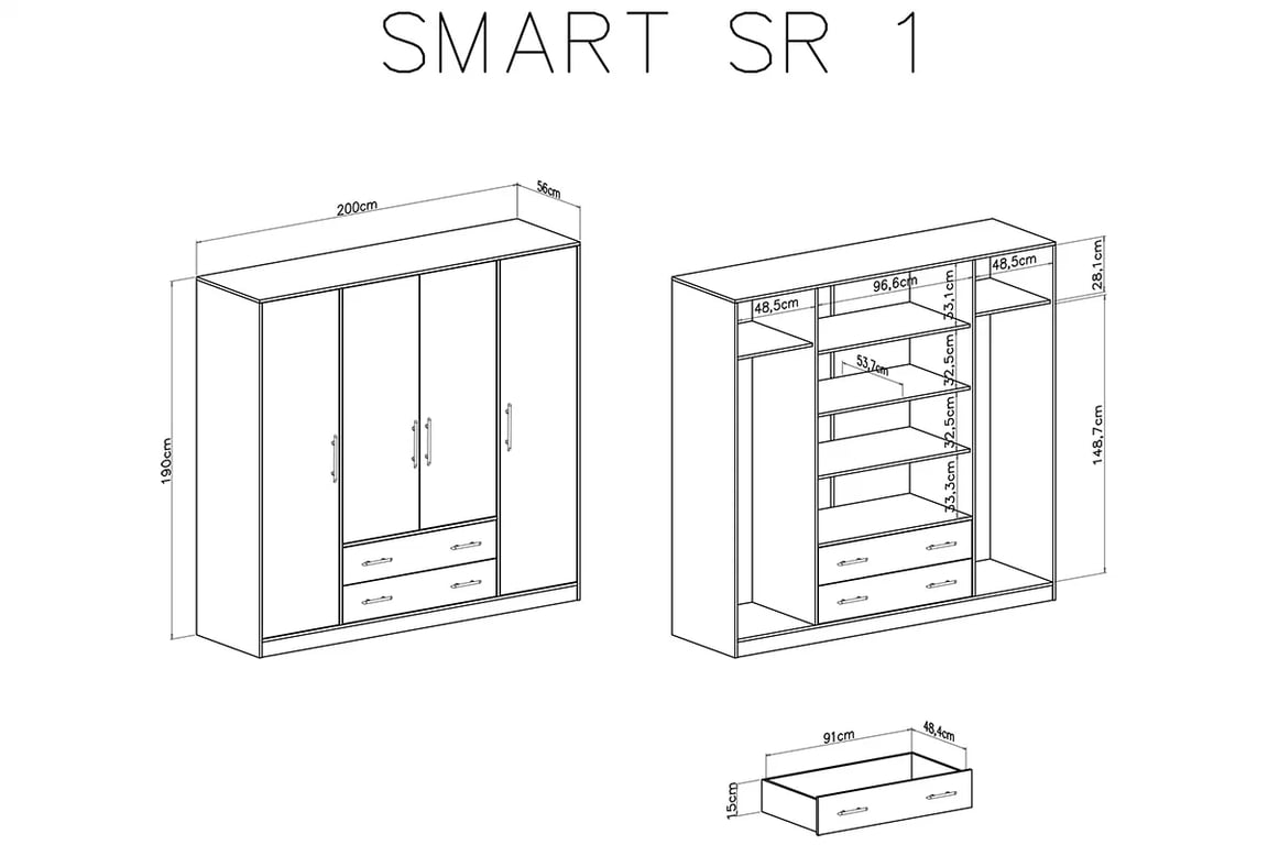 Šatní skříň Smart SRL1 se zrcadlem - dub artisan Skříň čtyřdveřová se dvěma zásuvkami a zrcadlem Smart SRL1 - artisan - Rozměry