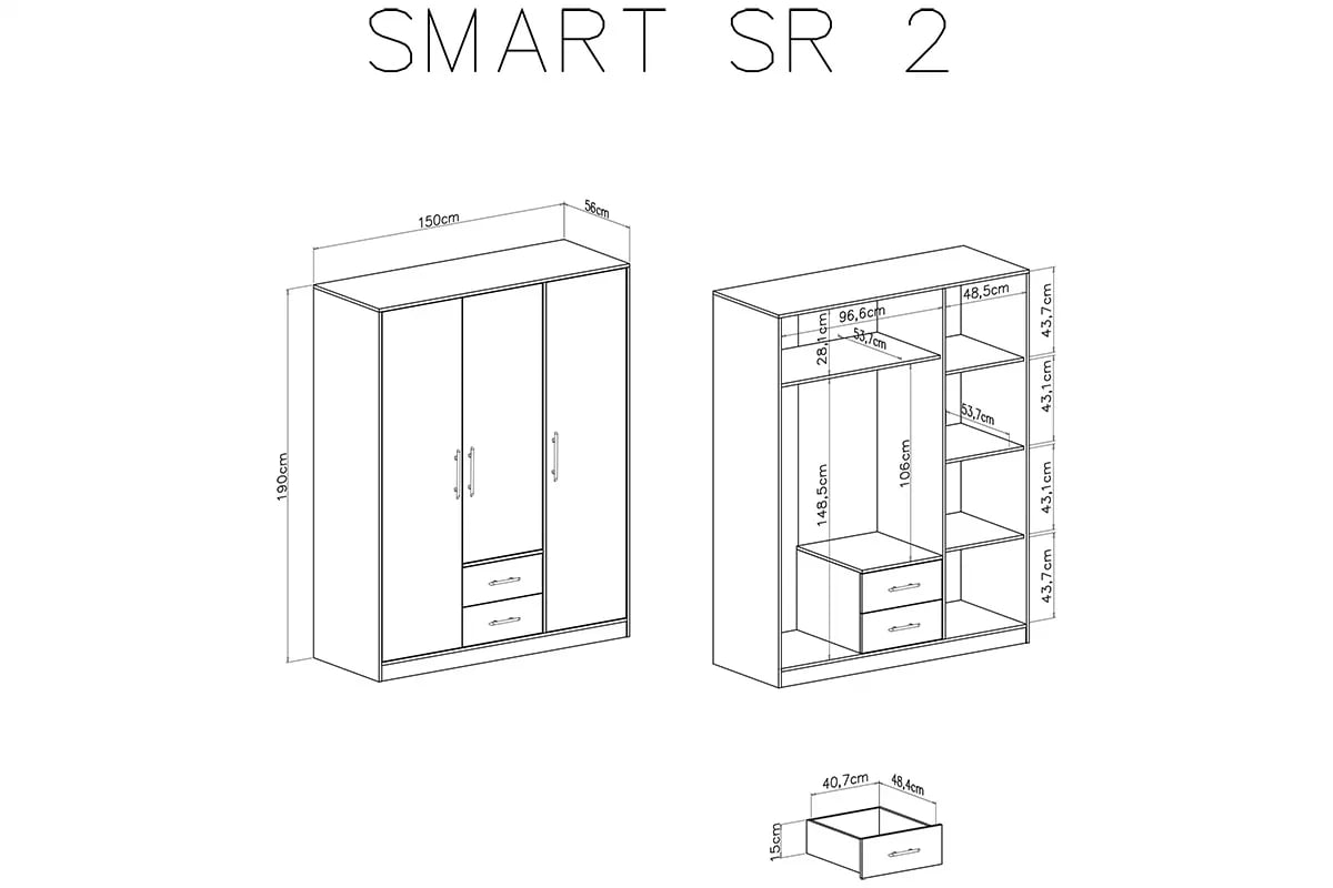 Šatní skříň Smart SR2 se zásuvkami 150 cm - dub artisan Skříň třídveřová se dvěma zásuvkami Smart SR2 - artisan - schemat