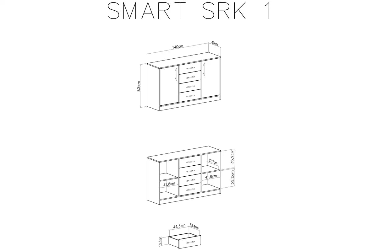 Komoda Smart SRK1 so 4 zásuvkami - 140 cm - dub artisan veľká Komoda dvojdverová so štyrmi zásuvkami Smart SRK1 - artisan - schemat