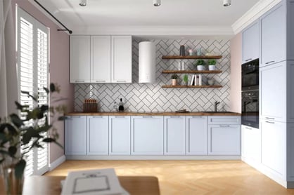 Krycí panel Navia 58x30 cm na závesnú skrinku kolekcia nábytku kuchynského Navia - Farebné prevedenie: korpus Biely, predná časť dolne Rám na fotku Modrý mat, predná časť gorne Rám na fotku biely mat