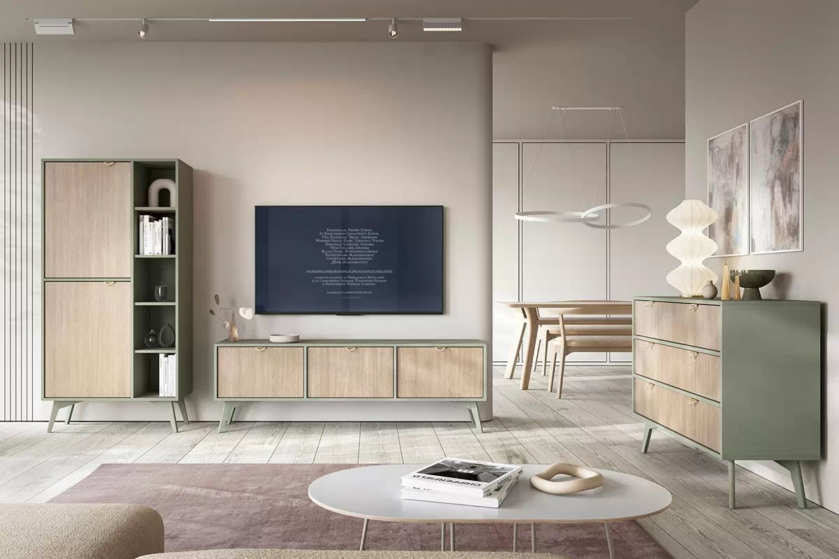 TV stolek Lumira 158 cm - eukalyptus / rybí kost skandi Skříňka RTV Lumira 158 cm - eukaliptus / jodelka skandi - obývací pokoj Lumira