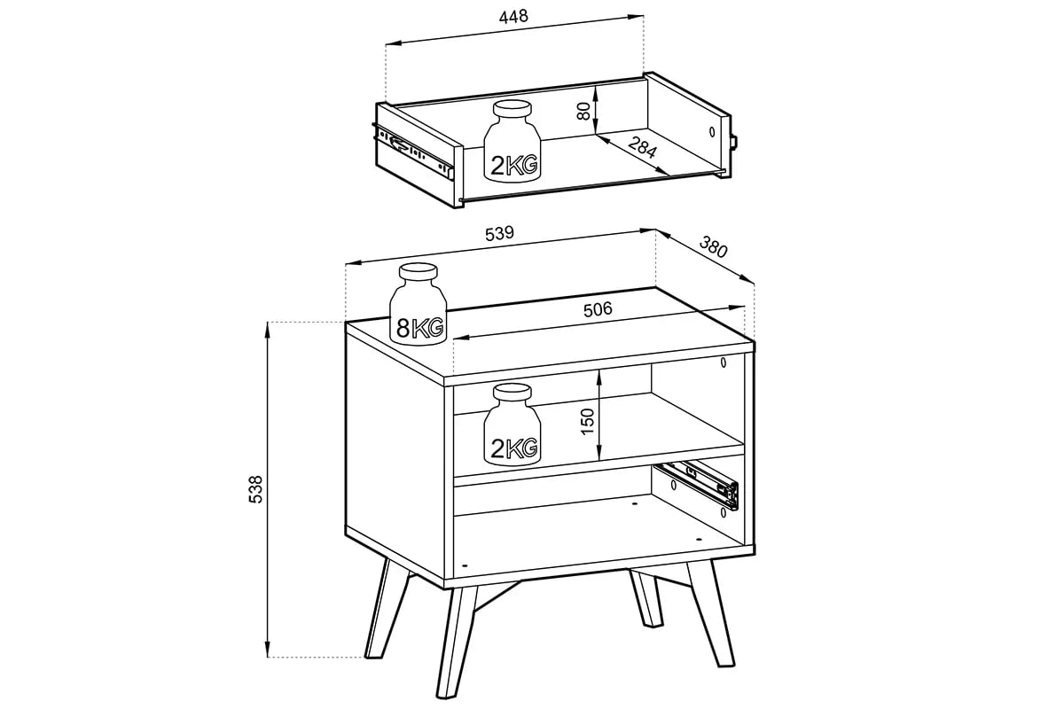 Nočný stolík a otvorenou policou Lumira - Pieskový / jedľa skandi Nočný Stolík z szuflada i wneka Lumira - Pieskový / jodelka skandi - Rozmery