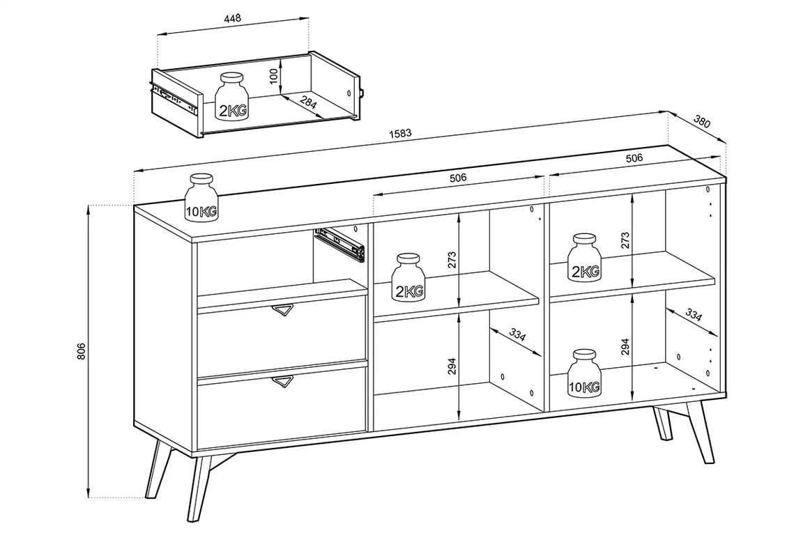 Komoda Lumira 158 cm se třemi zásuvkami - pískový / rybí kost skandi Komoda dvoudveřová se třemi  zásuvkami Lumira 158 cm - Pískový / jodelka skandi - Rozměry