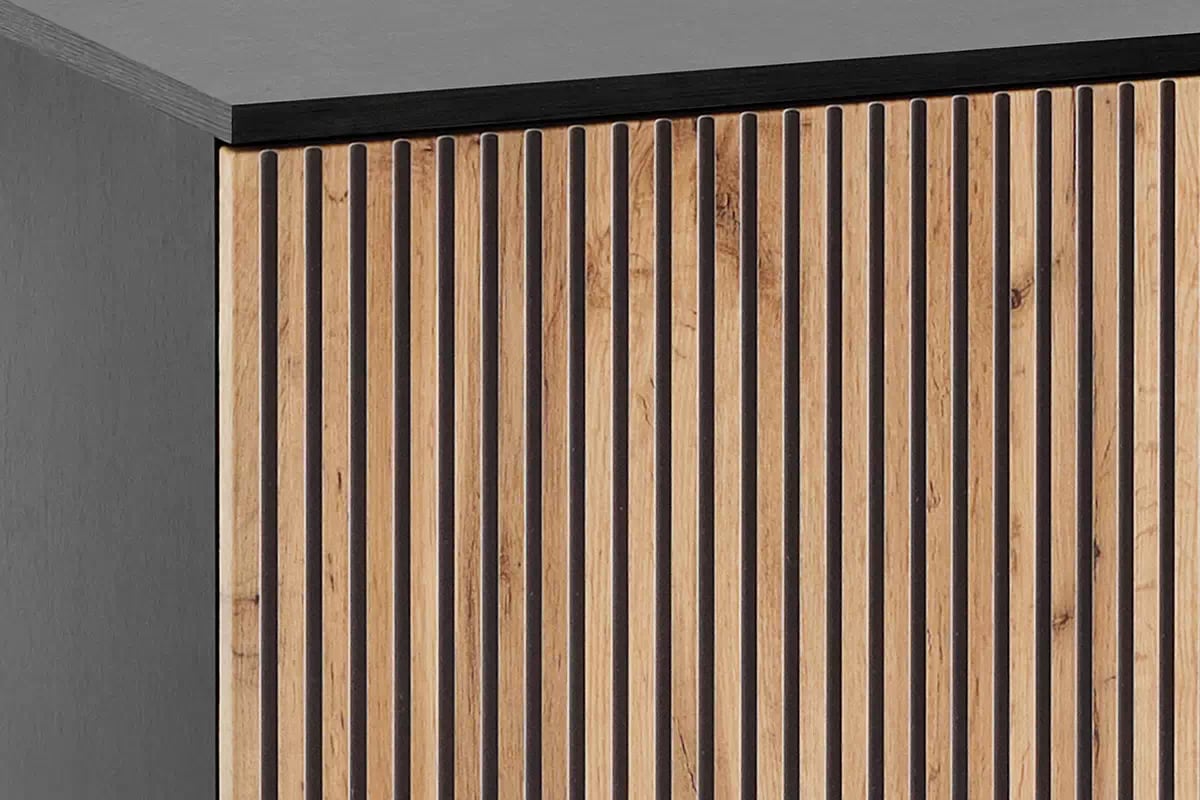 Komoda Bogalo s LED osvetlením 154 cm - čierna / dub wotan Komoda so zásuvkami i oswietleniem LED Bogalo - Čierny / Dub wotan - efekt 3D