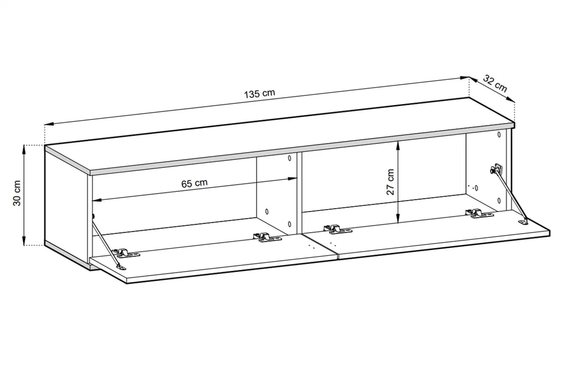 Závesný TV stolík Lurona 135 cm s frézovanou prednou časťou MDF - biely závesná TV skrinka Lurona 135 cm s frézovaným frontom MDF - Biely - Rozmery