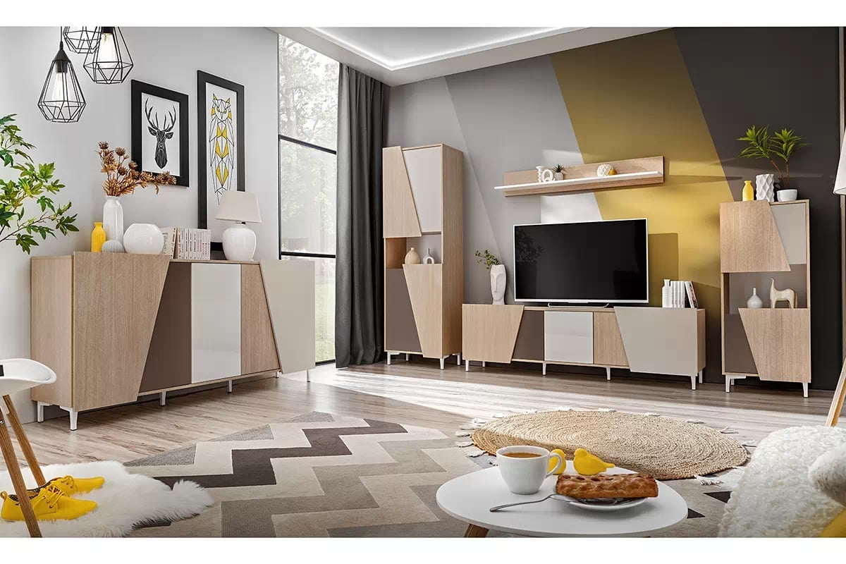 TV stolek Miraza 180 cm - skandinávská rybina / béžová / bílá / hnědá Skříňka RTV z geometrycznymi drzwiami Miraza 180 cm - jodelka skandi / Béžová / Bílý / Hnědá - obývací pokoj Miraza