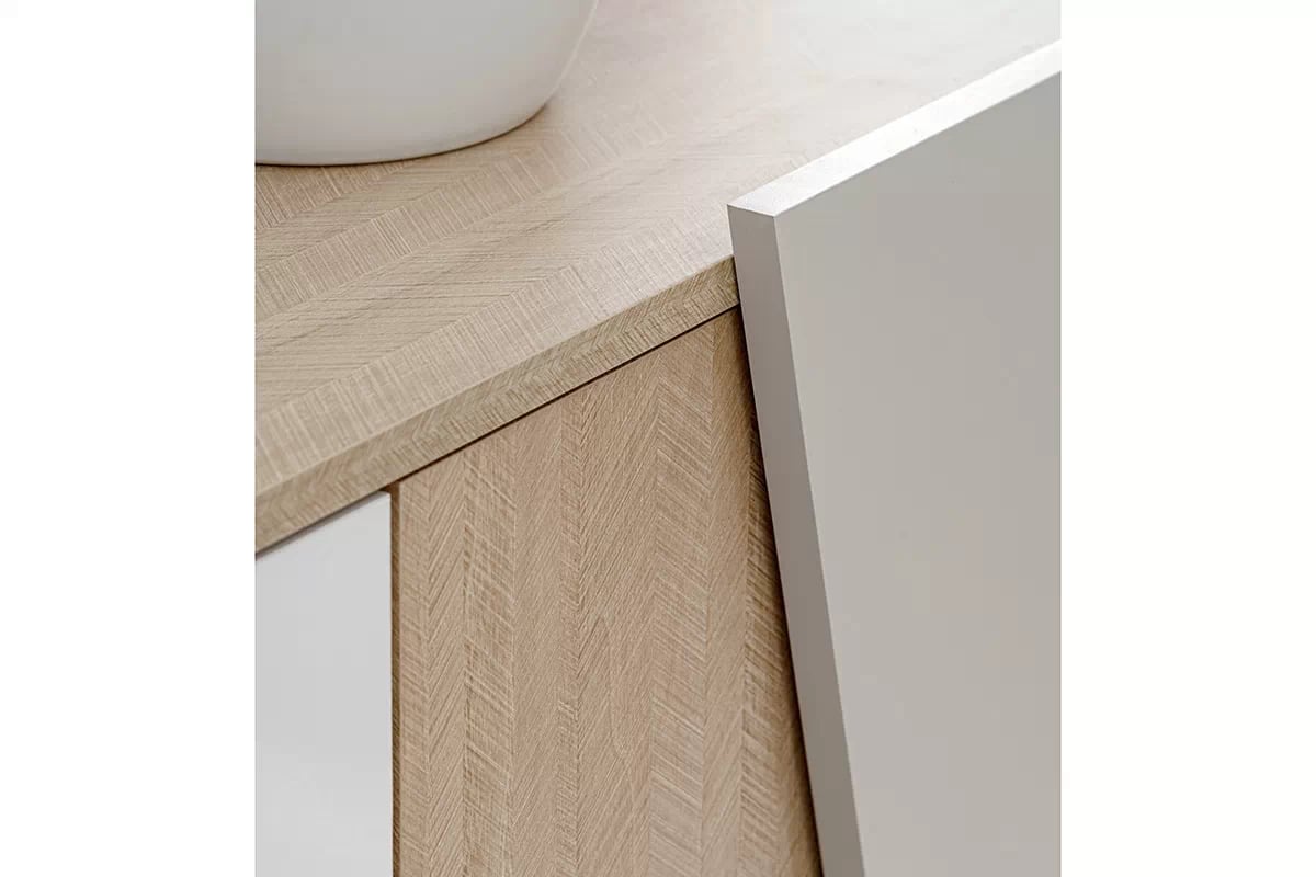 TV stolek Miraza 180 cm - skandinávská rybina / béžová / bílá / hnědá Skříňka RTV z geometrycznymi drzwiami Miraza 180 cm - jodelka skandi / Béžová / Bílý / Hnědá - fronty