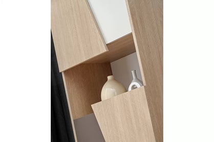 Regál Miraza 60 cm - skandinávská rybina / béžová / bílá / hnědá Regál vysoký z geometrycznymi drzwiami Miraza - jodelka skandi / Béžová / Bílý / Hnědá - detal