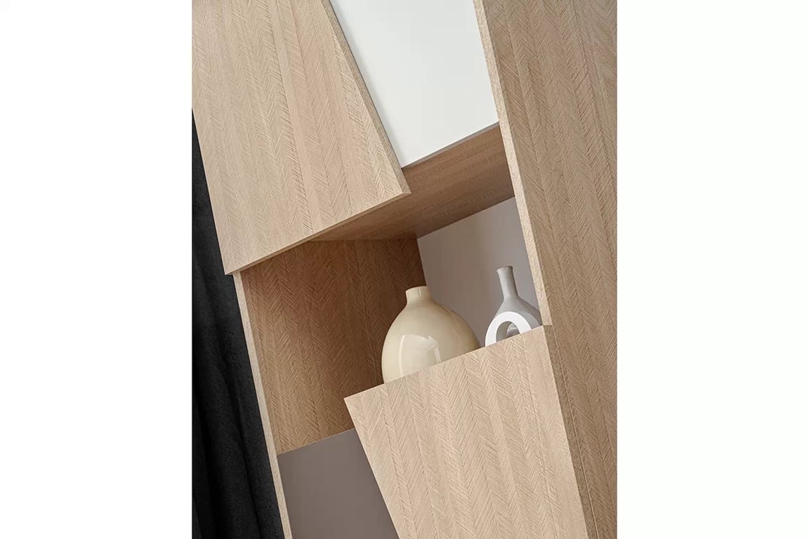 Regál Miraza 60 cm - skandinávská rybina / béžová / bílá / hnědá Regál vysoký z geometrycznymi drzwiami Miraza - jodelka skandi / Béžová / Bílý / Hnědá - detal