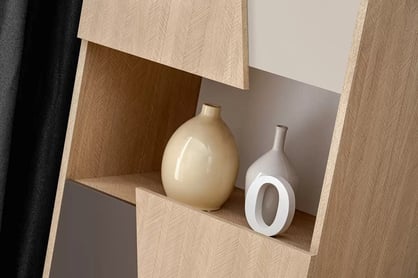 Regál Miraza 60 cm - skandinávská rybina / béžová / bílá / hnědá Regál vysoký z geometrycznymi drzwiami Miraza - jodelka skandi / Béžová / Bílý / Hnědá - wneka