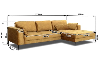 Rohová sedací souprava Luzi pravá - hořčicová / měděné nohy Rohová sedací souprava pravá strana Luzi - hořčice / černé Nohy - Rozměry