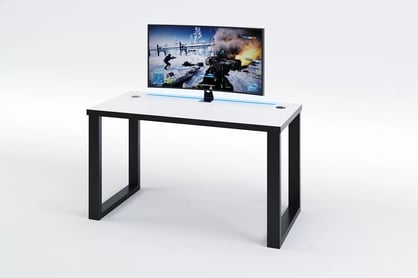 PC stôl Seman 110 cm s kovovými nohami a LED pásikom - biela / čierna