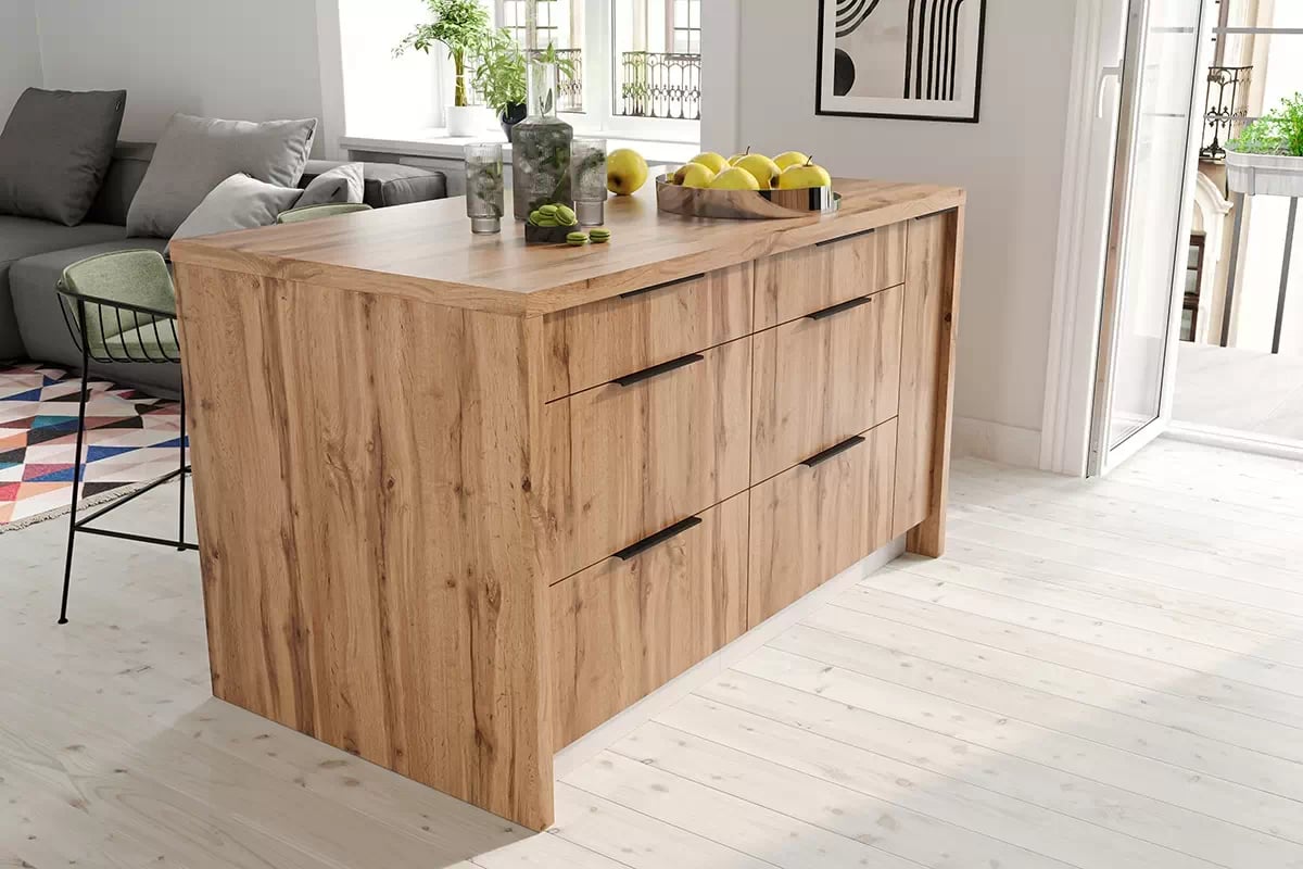 Wyspa kuchyňská Stolkar 140 cm - dub artisan / šedá grafit Wyspa kuchyňská z zabudowa szafek - aranzacja