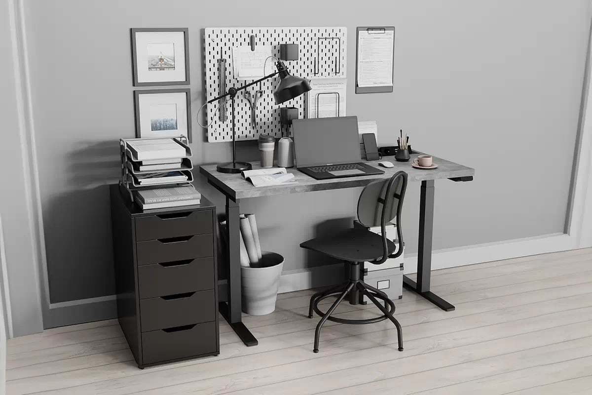 Elektrický polohovateľný písací stôl Terin 120 cm - svetlý betón Písací stôl elektryczne Terin z regulacja wysokosci 135 cm - svetlý betón 